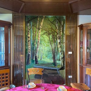 tranh vẽ tường 3d rừng cây phòng vip nhà hàng