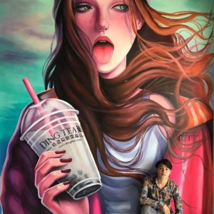 vẽ tranh tường cô gái uống trà sữa